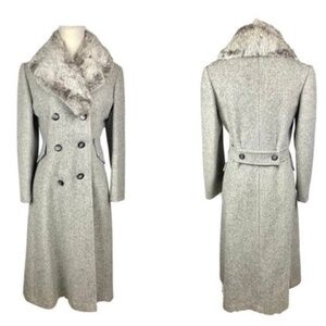 1970's Vintage Gray Wool Fur Collared Double Breasted Duster Coat